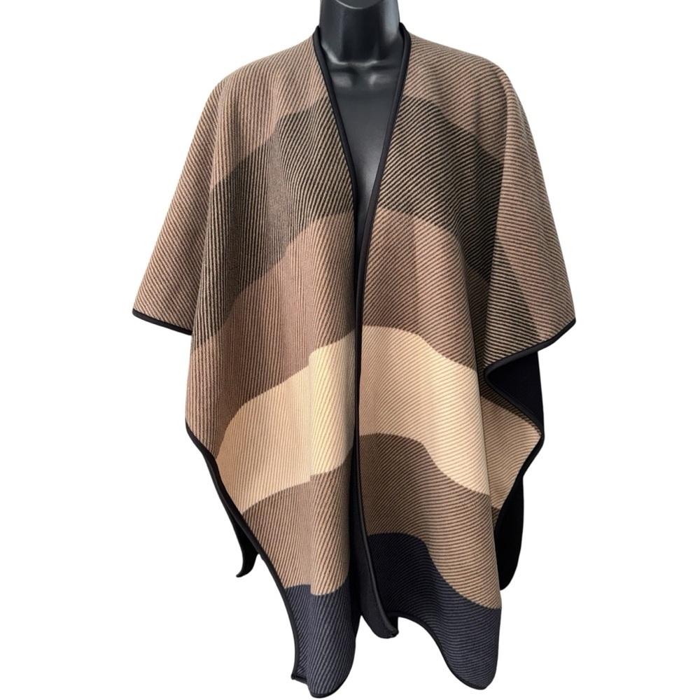 IKE BEHAR Striped Poncho Cape Brown Tan One Size Boho Travel Layer Wrap